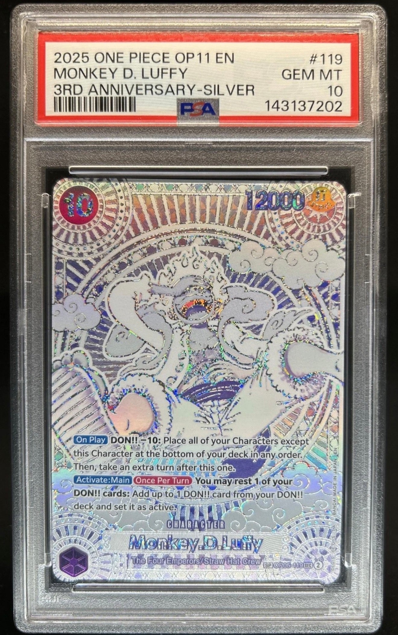 Monkey D. Luffy (SP Silver) — One Piece OP05-119 SEC — PSA 10 GEM-MT