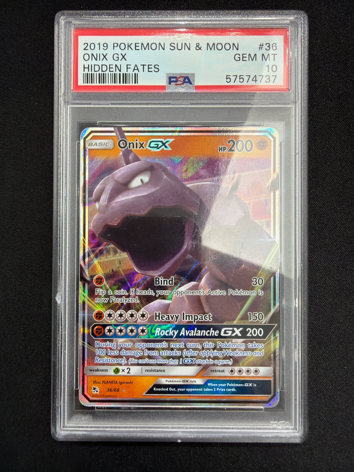 2019 Pokémon Sun & Moon Hidden Fates Onix GX #36 Holo PSA 10 GEM MT